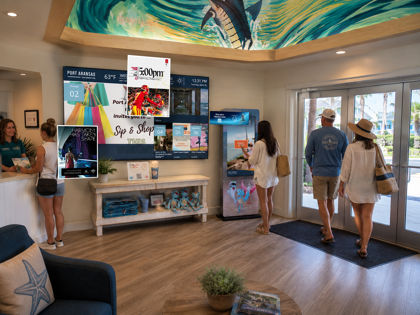 Port Aransas visitor center with Omni wall display and portrait kiosk running sponsor content and local advertising